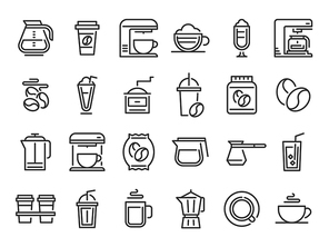 Coffee line icons. Hot drink cup, nature coffee beans and cafe outline pictogram. Cafe espresso bean label, coffee maker machine and pot drink holder. Isolated vector signs set