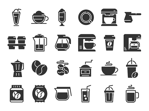 Coffee silhouette icons. Hot drink cup, coffee machine and beans. Cafe menu logotype, espresso cappuccino or latte coffee brainstorm vector pictograms isolated set