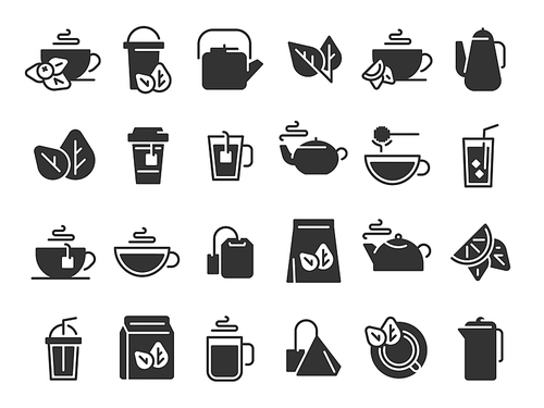 black tea leaves icons. hot drink cup, cold iced tea and teapot with steam pictogram. organic herbal or mint teas logotype,  leaf tea sign and teapot. isolated icon vector set