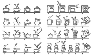 Brewing tea and coffee instruction. Preparing green tea bag, hot drinks guideline and coffee machine tutorial. Beverage preparation step instructional guide. Isolated vector illustration set