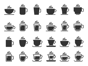 Coffee cup silhouette icons. Hot drinks cups, mug black stencil icon. Barista cup collection, black coffee beverage logo or cappuccino and espresso drink utensil. Isolated vector symbols set