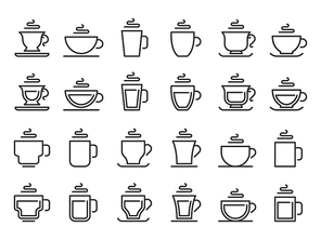 Hot drink cup outline icon. Coffee cups line pictogram, cocoa and tea mug. Take away cafe beverages logotype, breakfast coffee or hot tea caffeine drinks shop logo. Vector isolated icon set