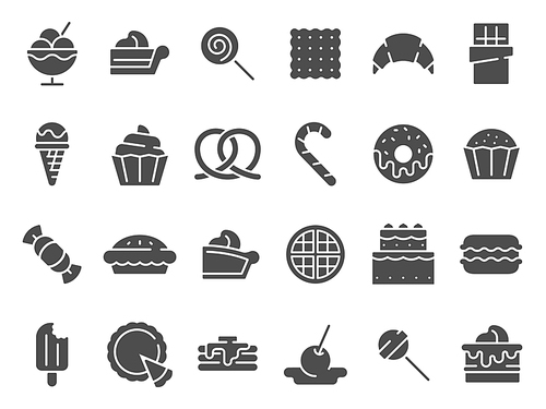 Desserts silhouette icon. Sweet muffin cakes, dessert ice cream and chocolate pie. wedding or birthday cake, pastry food muffin, donut and croissant logo. Isolated vector icons set
