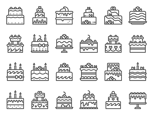 Outline cake icons. Sweet cupcake, homemade dessert with candles and bakery delicious cakes line art. Birthday party, anniversary or wedding cake with candles. Isolated vector icon set