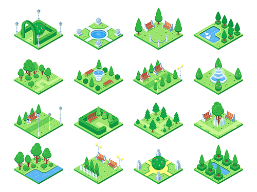 Nature forest elements, plants symbol and green trees for city 3d isometric game map town grass garden plant. Isolated park ecology landscape tree bush realistic vector icons set