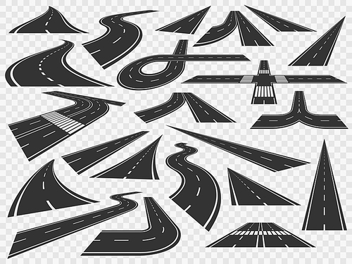 Curved road in perspective. Bending highways curves bend winding, transport rural bended asphalt town path and high curving turn roads vector illustration isolated icons set