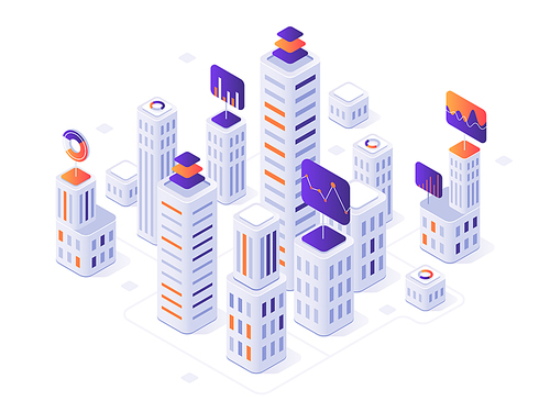 Isometric megalopolis infographic. City buildings, futuristic urban and town business office district metrics or modern cityscape. Skyscraper architecture 3d vector illustration