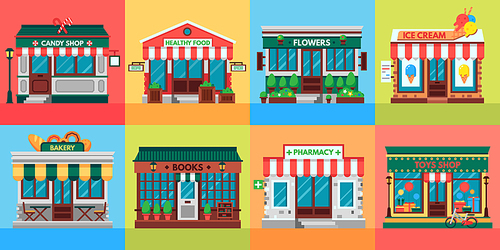 Local shops facades. Grocery shop doors, old boutique store building front and retail stores facade. Supermarket, bistro or pharmacy building, fruit market, pizza or coffee cafe flat vector set