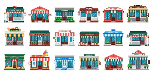 Shops facades. Laundry building, hardware store facade and pharmacy shop. Business cafe, local shopping stores street supermarket or downtown restaurant. Flat vector isolated icons set