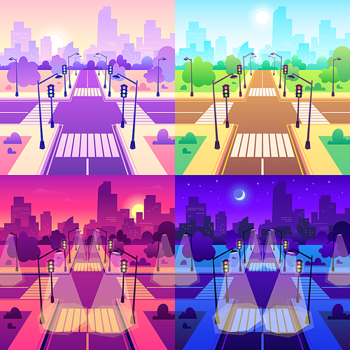 Crossroad with crosswalk. Road traffic intersection, daytime cityscape and urban road junction. Empty sidewalk and street, urban highway traffic with streetlights cartoon vector illustration set