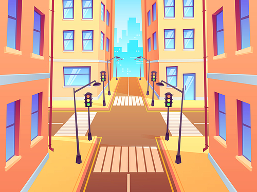 City crossroad with crosswalk. Urban intersection traffic lights, town street crossroads and road junction. Cross road and sidewalk, building and crosswalk cartoon vector illustration