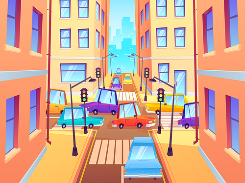 City crossroad with cars. Road traffic intersection, town street car jam and crosswalk with traffic lights. Streets intersects sidewalk, way streetlights and auto crossing cartoon vector illustration