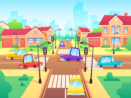 Crossroad with cars. City suburb traffic jam, street crosswalk with traffic lights and road intersection. Intersections transportation, vehicle crossing roads cityscape cartoon vector illustration