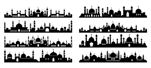 Arabic architecture silhouette. Mosque roof, islamic cityscape panorama and minaret skyline silhouettes. vector illustration set. Architecture silhouette, arabic mosque, islam minaret