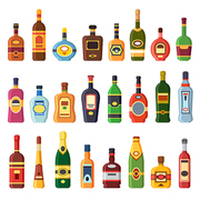 Alcohol bottles. Alcoholic liquor drink bottle with vodka, cognac and liqueur. Whisky, rum tequila gin beer vermouth or brandy liquors bottles on bar shelf, spirit alcoholism isolated flat icons set
