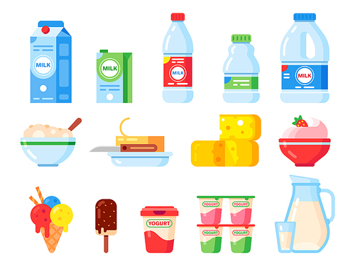 milk products. healthy weight loss yogurt, ice cream and milk cheese. fresh dairy product, liquid milking food or butter. farm milky organic isolated vector flat icons collection