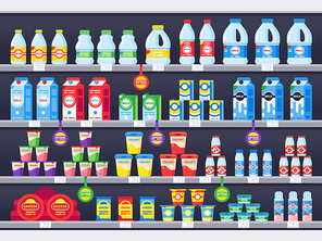 Shop shelf with milk products. Dairy grocery store shelves, milk bottle supermarket showcase and cheese product, yogurt. Market milky drinks and food assortment shelf vector illustration