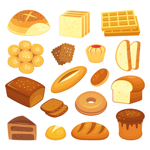 Cartoon bakery products. Toast bread, french roll and breakfast bagel. Whole grain breads, sweet bun and loaf, rye pumpernickel. Pastry wheat shop vector illustration isolated icons set