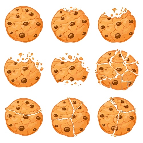 Broken oatmeal cookies. Cartoon bitten choco chip cookie with crumbs. Homemade chocolate round shaped crunch cookies. Sweet snack vector set. Illustration sweet tasty bakery, fresh delicious crunchy