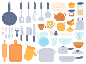Kitchenware and utensils. Cooking baking kitchen tools. Chef cook equipment pan, bowl, kettle and pot, knives and cutlery, flat vector set. Objects for food preparation and eating collection