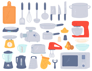 Kitchen tools. Cooking utensil and electric appliances for baking oven, mixer, scales, mincer. Home cookware in minimalist style vector set. Toaster, jar for water and glass, frying pan and saucepan
