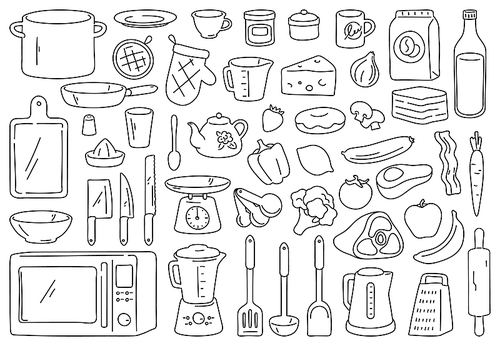 Cooking tools and ingredients. Food prepare, kitchen cookware and utensil. Outline spoon, knife, bowl and plate. Culinary vector doodle set. Appliances as microwave oven and blender