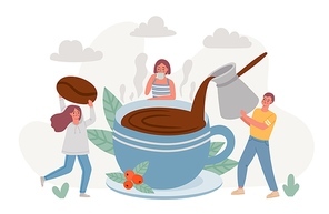Coffee break. Big cup of morning hot drink and people drinking espresso and relax. Cafe poster with friends enjoy coffee time vector concept. Hot beverage morning, coffee at breakfast illustration