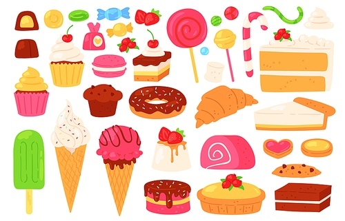 Cartoon candy and sweets. Cupcakes, ice cream, lollipops, chocolate and jelly candies, biscuit pastries and cakes. Confectionery vector set of cupcake dessert, food donut delicious illustration