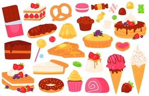 Cartoon confectionery sweets. Chocolate cake, cupcake, sweet baked pastry and pancakes, ice cream, jelly and eclair. Dessert food vector set. Illustration pancake and roll, caramel and macaroon