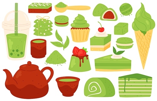 Matcha tea and sweets. Japanese green matcha products, powder, leaves, teapot and cups, bubble tea. Healthy pastry and desserts vector set. Green natural organic sweet, tea of drink beverage