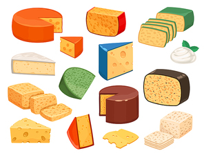 Cheese types. Cartoon cutted parmesan, brie triangle, mozzarella, gouda cheddar and feta slices. Tasty dairy food product. Cheese vector set, parmesan and cheddar illustration design