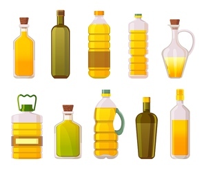 Oil bottles. Sunflower, olive, corn and vegetable cooking oils in glass and plastic packages. Extra virgin organic oil products vector set. Illustration oil sunflower or olive to cooking