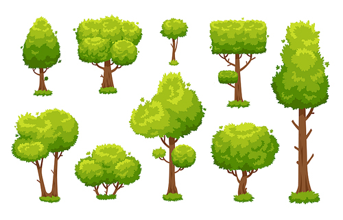 Cartoon green tree. Environmental forest or park trees cute landscape wood plant bushes isolated for garden hedge vector illustration background sign set