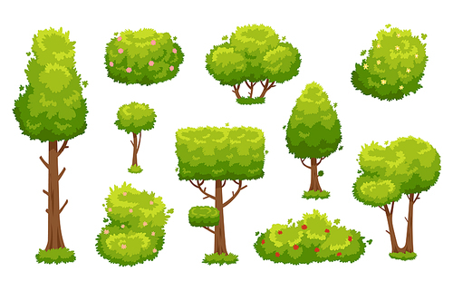 Cartoon trees and bushes. Green plants with flowers for vegetation spring backyard landscape wood plant foliage. Nature forest lumber tree park and garden hedge bush vector isolated icon set