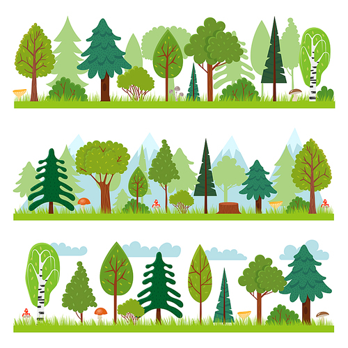 Forest landscapes. Woodland nature trees panorama, forests environment and pine tree. Foresting park landscape, wooded meadow trees or wild environmental flora vector illustration set