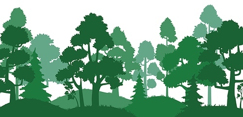 Forest trees silhouette. Nature landscape, green park alley and tree silhouettes. Wood pines, forests land evergreen herb trees or hills oak travel card vector illustration