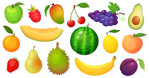 Cartoon fruits. Mango fruit, melon slice and tropical banana. Raspberry berries, watermelon and apple. Vegetarian food, exotic tropical fruits. Vector illustration isolated icons set