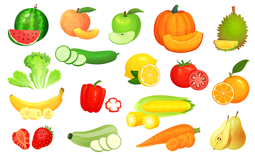 Sliced foods. Chopped vegetables and sliced fruit. Chop vegetable, fruits and berries slice. Raw summer fresh food, organic vegan diet product. Cartoon vector illustration isolated icons set