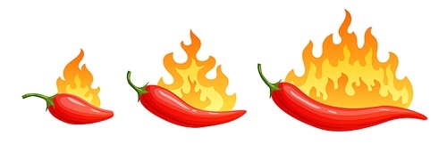Cartoon hot peppers. Spicy pepper with fire flames and flames red chilli. Red burning fire peppers, spice hot habanero logo or burn spicy mexican tabasco. Isolated vector icons set