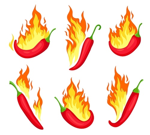 Chili on fire. Cartoon hot red peppers with flames. Spicy food icon, emblem for mexican sauce or restaurant. Chilli pepper label vector set. Vegetable ingredient for seasoning and cooking