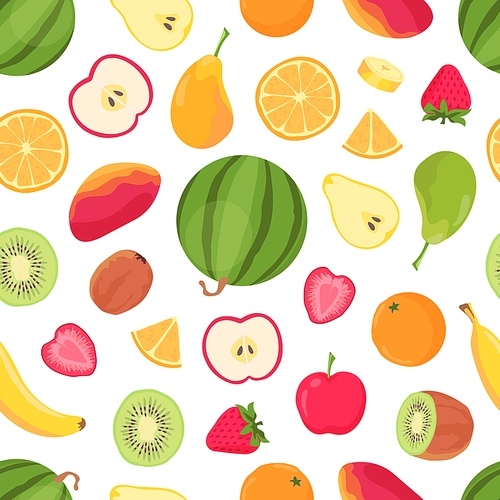 Fruits seamless pattern. Tropical citrus fruit and berry, banana, orange, watermelon, mango and strawberry. Summer tropic food vector . Pattern seamless, fresh citrus and lemon illustration