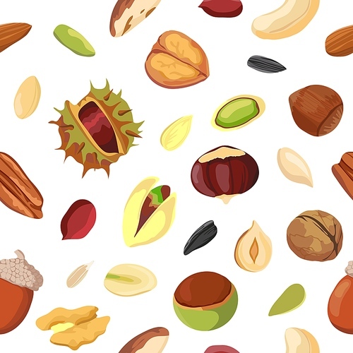 Cartoon dry nut and seed mix seamless pattern. Print with peanut, walnut, hazelnut, pecan and pistachio. Organic vegan snack vector texture. Illustration of nutrition seed and chestnut