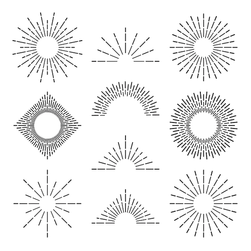 Retro sunburst rays. Radiant sunset or sunrise burst light frame lines and flash sun starburst rhombus icon. Abstract hand drawn sunsets outline vector symbols isolated set