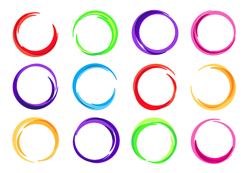 Color circles. Colorful round logo frame, circle swirl wave and vivid oval abstract swirling energy frames. Flowchart circles, interface success sphere button. Vector illustration isolated symbols set