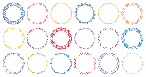 Sewing circle frames. Embroidered borders, stitched round frame and sew seams border pattern. Circle napkin crochet frames, victorian sewing ring. Isolated vector illustration symbols set