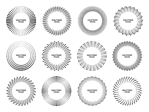 Halftone circle frame. Retro round frame with halftones dots gradient, dotted circles shapes abstract geometric dots vector set. Circle half dot, gradient geometric round, logo illustration company