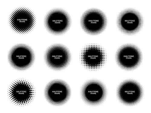 Round halftone shape frames. Black circles with dotted texture, dots gradient and circle shapes label frame vector set. Halftone label empty, spot gradient pattern round illustration