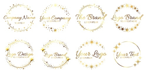 Stardust golden logo set. Shiny circle frames with stars and glowing glitter. Round border for company name, brand. Place for text inside wreath. Starry shape template collection vector illustration