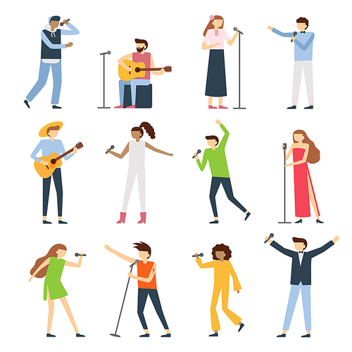 Musician singers people. Vocal singer artist, singing diva opera with mic and musicians sing song concert. Radio instruments artists players vector flat isolated icons set