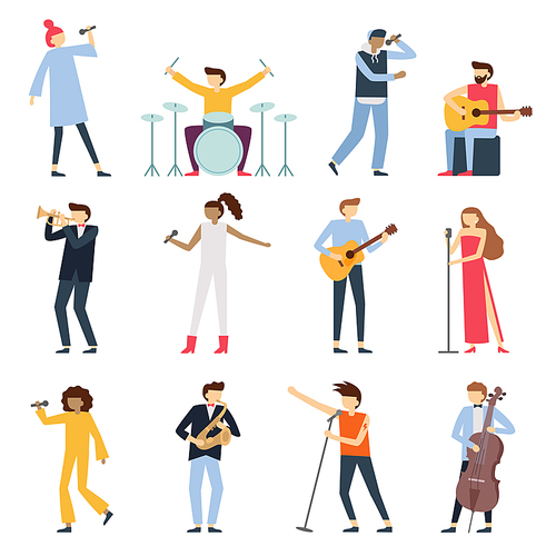 Musician artists. Guitar playing artist, young drummer and pop song singer. Musical instruments stage players or people music hobby. Artistic performer character isolated flat vector icons set